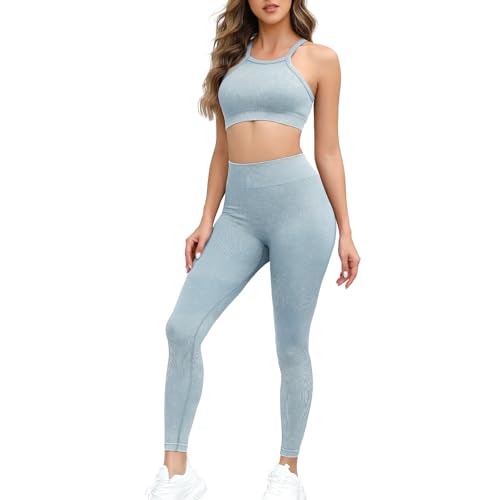 UONNOU 2 Piece Workout Sets for Women - Seamless Acid Wash Yoga Leggings and Sports Bra Gym Outfits Active Matching Sets Blue M