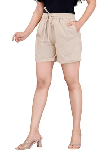 Image of Women's Cotton Regular Relaxed Fit Solid Print Design Thigh Length Casual Summer Running Yoga Gym Night Wear Shorts Elastic Waistband and Drawstring with Pocket