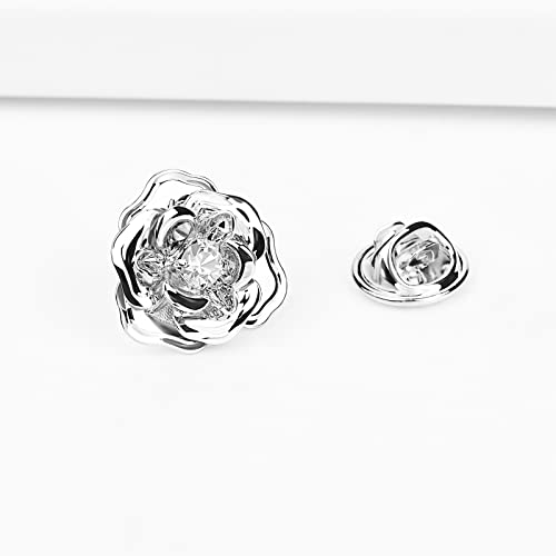 Image of Crystal Alloy Rose Flower Lapel Pins Button Pin Groom Boutonniere for Wedding Floral Brooch Pin Set for Women Men