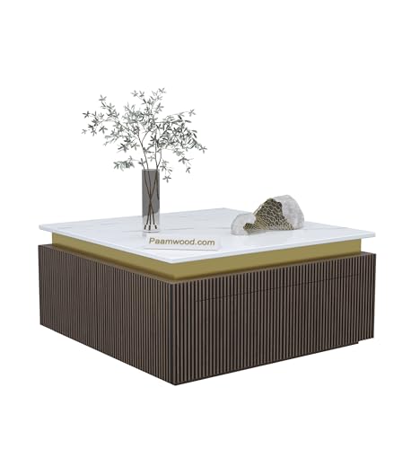 Image of Luxury Marble-Top Wooden Center Table for Living Room | Louvers | Modern Entryway Furniture | Coffee Table (36 inchX36 inchX17 inch)