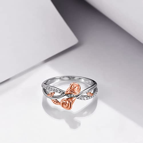 Yafeini Flower Ring Sterling Silver Rose Band Ring Size 8 Flower Leaf Fine Jewelry Mother's Day Gift Promise Rings For Her #TOP3