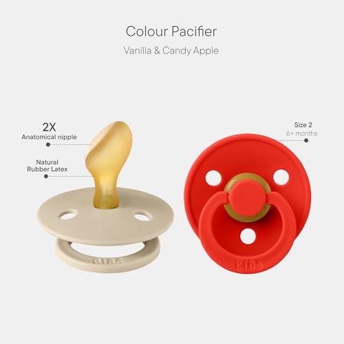 Image of BIBS Colour Anatomical Soother 2-Pack, BPA Free Dummy Pacifier, Orthodontic Nipple. Natural Rubber Latex, Made in Denmark, Size 2 (6-18 Months), Vanilla /Candy Apple
