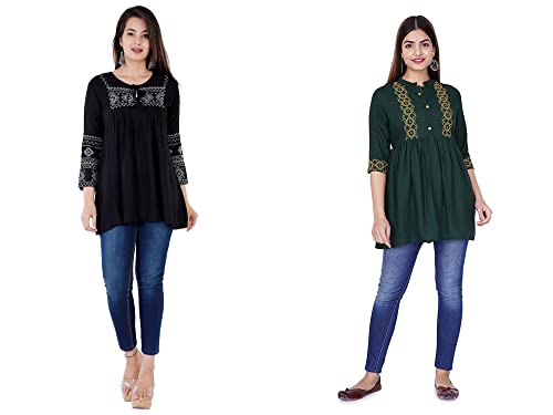 Image of Shiva Fab Short Kurti for Women | Embroidered Straight Rayon Kurta | Round Neck Full Sleeves Short Kurti for Women's