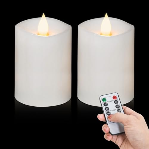 Image of 3x4 Flickering Flameless Candles Set of 2,Real Wax LED Battery Operated Candles,with Timer,4 inch Flameless Candles with Remote,for Holiday Home Decor,White