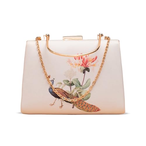 Artklim Peacock With Flower Printed Clutch – Elegant Handcrafted Box Bag with Golden Metal Handle & Detachable Sling | Designer Evening Clutch for Women