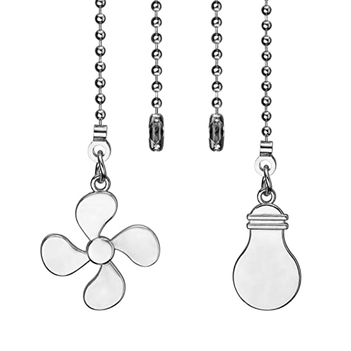 Image of 2 Pieces Ceiling Fan Pull Chain Set, Light Bulb and Fan Pattern Pull Chain Extension 12 Inch 3mm Diameter Beaded Ball Connector Best for use with Ceiling Fan Lighting (Black) (1Set Nickel)