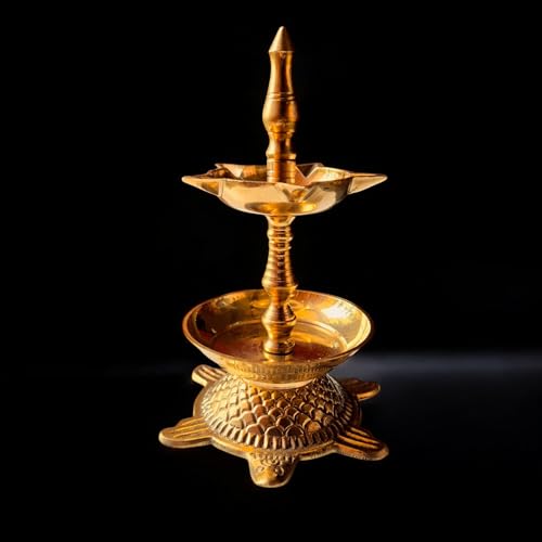 Image of Kerala Brass Tortoise Panchmukhi Good Luck Diya with Flower Holder | Small Size Kachua Kuthu Vilakku for Home, Office & Gifting | Length : 5.5 inches, Weight : 250 Grams