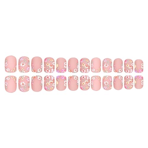Image of Flower Press on Nails French Tip Fake Nails Nude False Nail Press on Nail with Design Short Square Glossy Full Cover Small Floral Glue on Nail for Women Manicure 24Pcs