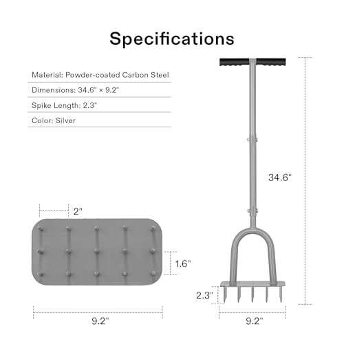 VIVOSUN 15-Spike Lawn Aerator Tool, Metal Spike Aerator, Efficient Manual Dethatching & Soil Aerating, Pre-Assembled Lawn Aeration Garden Tool, Durable Steel Structure with T-Handle & Wide Foot Bar - Image 4