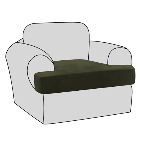 H.VERSAILTEX Stretch Velvet T Cushion Chair Covers for Living Room Armchair Sofa Cover Couch Cover Slipcover T Cushion Seat Cover (Armchair, Olive)