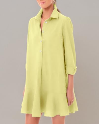 Image of YEXPINE Women's Tunic Mini Shirt Dress Cotton Linen Long Sleeve Button Up Ruffle Hem Loose Casual Summer Pockets Shift Dress