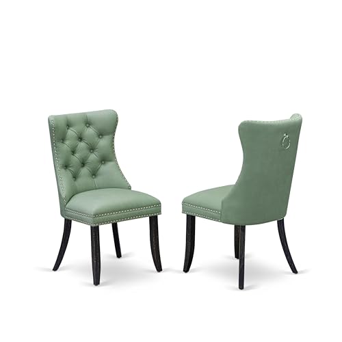 East West Furniture DAPFF22 Dallas Parson Chairs - Button Tufted Nailhead Willow Green Polyester Fabric Upholstered Dining Chairs, Set of 2, Sand Blasted Black