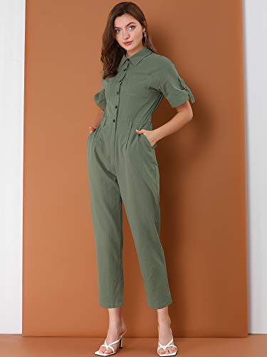 Allegra K Women's Short Sleeve Collared Cropped Coverall Button Down Tie Waist Cotton Cargo Jumpsuit Large Green #TOP4