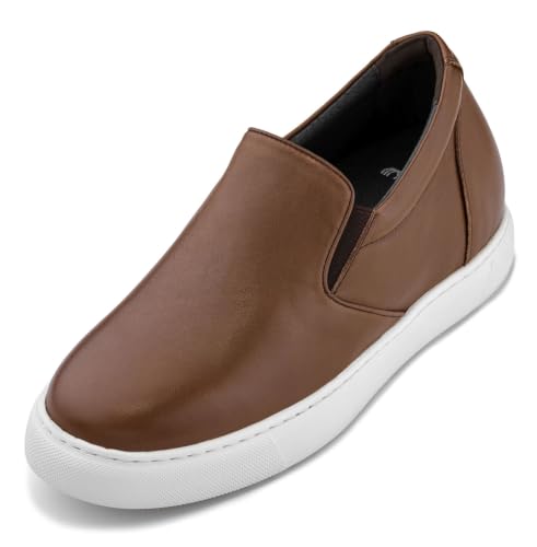 Image of CALTO Men's Invisible Height Increasing Elevator Shoes - Coffee Brown Nappa Leather Slip-on Lightweight Casual Loafers - 2.6 Inches Taller - T1023- Size 10 D(M) US