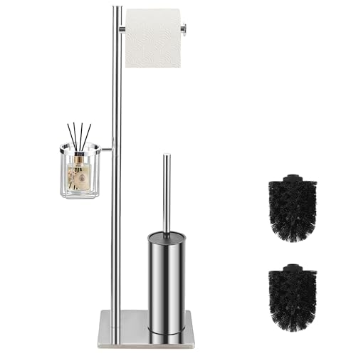 DAZI Brosse Toilettes WC métallique autoportante, Brosse WC avec 2 Balai Toilette WC pour Le Nettoyage en Profondeur de la Salle de Bain (Chrome)