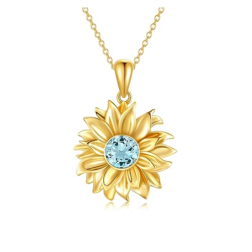10K 14K 18K Solid Gold Personalized Sunflower Birthstone Necklace for Women, Real Gold Customized Flower Pendant with 12 Month Birthstone Fine Jewelry Gifts for Her,Mom, Wife