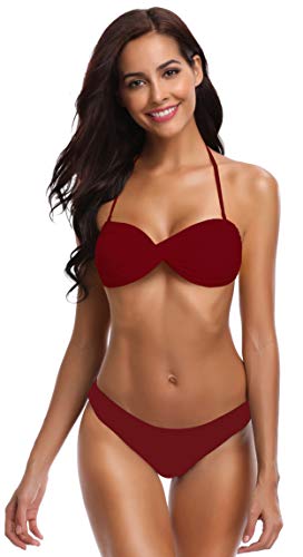 SHEKINI Damen Bandeau Neckholder Neck Verschiedene Muster Bikini Set (S, Weinrot-S)