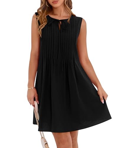 Image of BTFBM Womens Summer Mini Dress 2026 Sleeveless Crew Neck Cute Bow Tie Front Loose Pleated Casual Short Dresses Pockets