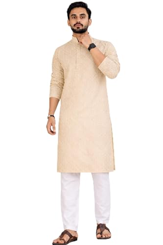 Image of Men's Lakhnawi Chikankari Kurta Set Cotton Ethnic Kurta Pajama for Men Wedding Festive Designer Indian Outfit Stylish Embroidered Kurta Set