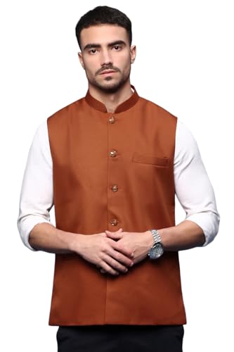 Image of SHOWOFFFF Men Solid Ethnic Nehru Jacket | Mandarin Collar Sleeveless Cotton NehruJacket for Mens | Slim Fit Regular Length NehruJackets for Men's