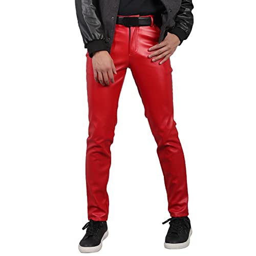 Pantalones de cuero ajustados para hombre, elásticos, cálidos, modernos, pantalones de moto con alto, rojo, XL