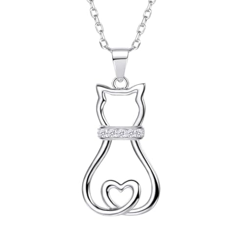 SILVERCUTE Cat Necklaces for Cat Lovers Sterling Silver Womens Jewelry S925 Kitten Pendant Cat Collarbone Necklace