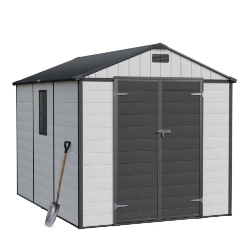Image of Greesum 8x10FT Resin Outdoor Storage Shed with Floor and Windows, All Weather Plastic Shed with Lockable Door & Vents for Garden, Backyard, Lawn, Light Gray