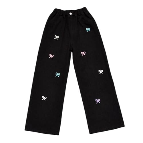 Girls Bow Baggy Jeans Cute Print Wide Leg High Elastic Waist Denim Pants Kids Fall Straight Leg 𝐕intage Trousers
