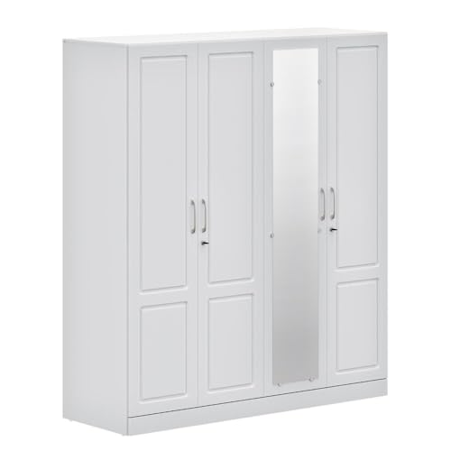 Image of Wakefit Tyrian Plus 4 Door with 4 Shelves 2 Drawers 2 Hanging Areas 1 Mirror SH1-Carcass: Frosty White Shutter: White