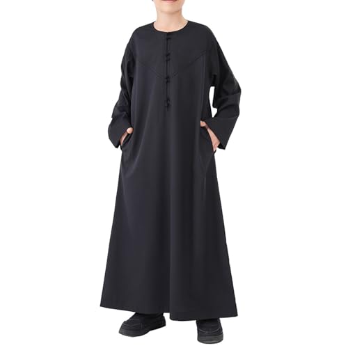 Muslim Thobe for Boys Long Sleeve Crew Neck Kaftan Robe Kids Boys Solid Button Islamic Thobe Arabic Dress Outfits2