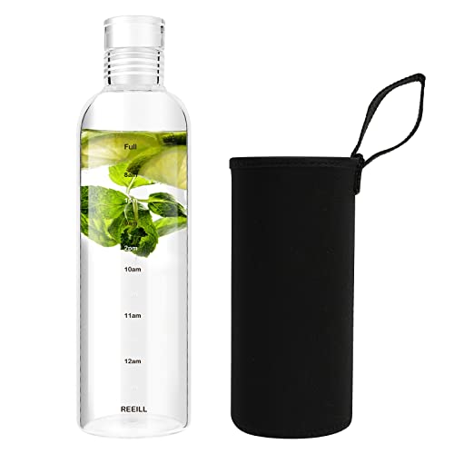 Snminetal Clear Glass Water Bottles With Time Marker Non-slip Sleeve And Lid, Reusable Glass Drinking Bottles,Drink Water Bottle 17 Oz,Suitable For Drinks, Juices, Sodas,As Gifts (500ml)