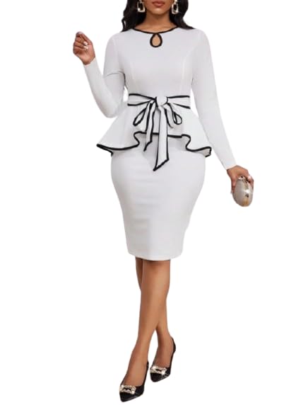 Women’s 2 Piece Elegant Peplum Dresses for Women Business Knee Length Bodycon Skirt Set Sleeve Church Dresses Suit Formal Office Midi Pencil Skirt