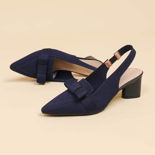Women's Knitted Bow Slingback Chunky Heel Pumps Closed Pointed Toe Slip On Low Block Heels Daily Work Office Dress Shoes2