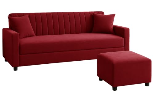 Image of 3 Seater Wooden Sofa Set with Ottoman for Living Room | Premium Velvet Fabric Wooden Frame | Modern Design | Comfortable Cushioned Sofafor Home, Office & Lounge | Red