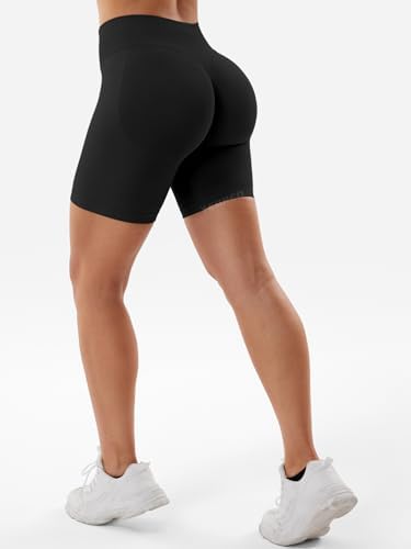 YEOREO Womenâs athletic shorts with hidden scrunch detail, subtle glute shaping, 11.43cm inseam, Blue, Black, L - 1