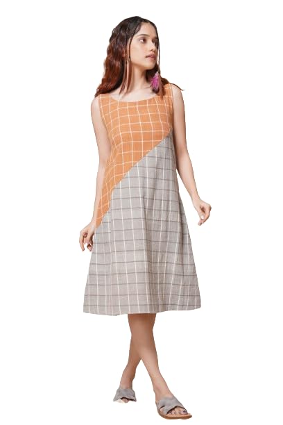 Hand Woven - Orange and Gray Checks Organic Khadi Short Dress for Women Casual Wear-image-32