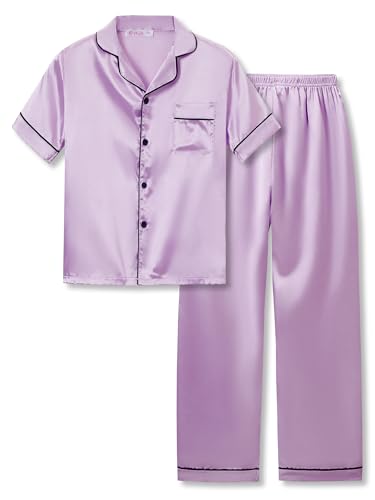 Opiniones y reviews de Pijamas para Niña - los preferidos. 50 Topgal - Conjunto de pijama para niñas pequeñas y grandes, talla 6-16, satén lila, sedoso, lindo, de manga corta y pantalones, Lila (manga corta y pantalones), 14
