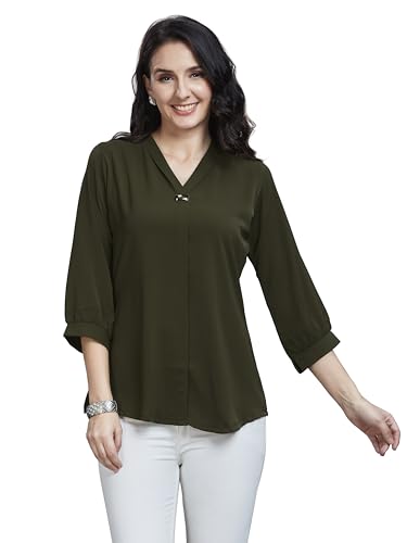 Image of nioni Women's Purple Poly Linen Blend Tunic Top with 3 /4 Sleeves, Printed Yoke, Kantha Stitch Detailing & Mandarin Collar