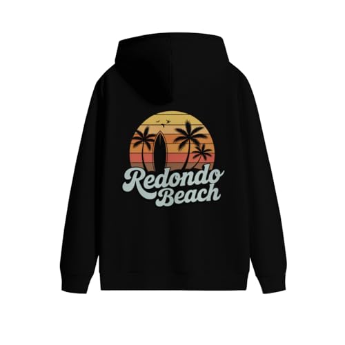 Retro Redondo Beach Surfing Beach Lovers Men Women Lightweight Kangaroo Pocket Hoodie3