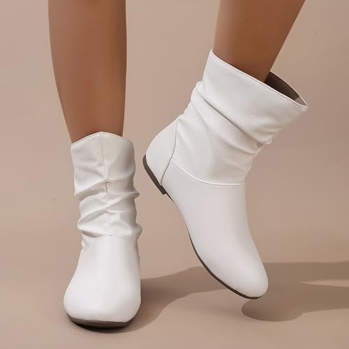 Women's Leather Slouchy Flat Ankle Boots Comfortable Round Toe Casual Pull On Booties Fall Winter Fashion Low Heel Short Boots4