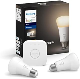 Philips Hue White A19 60W Equivalent Dimmable LED Smart Bulb Starter Kit (2 A19 60W White Bulbs and 1 Hub Compatible with Amazon Alexa Apple HomeKit and Google Assistant), 2 Pack