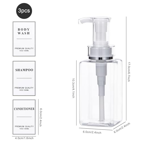 Yeeco Shampoo and Conditioner Dispenser, Clear 3 Pcs Refillable Shampoo and Conditioner Pump Bottles, Empty Shower Bottles with Pump, Labels for Home Bathroom Kitchen, 10oz/300ml3