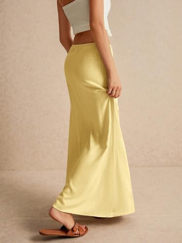 EARKOHA 2025 Women's Summer Maxi Skirt Drawstring Low Waist A Line Linen Long Flowy Skirts Yellow1 S4