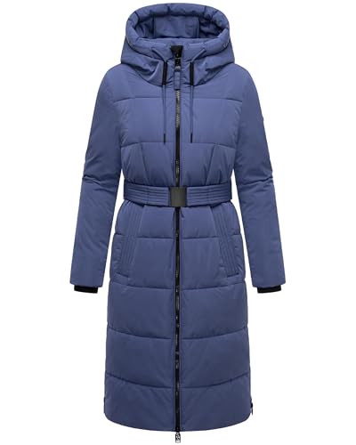 Navahoo Abrigo largo de invierno para mujer, abrigo acolchado cálido con capucha y cinturón de cintura, niebla otoñal, 14 XS-3XL, Azul Violeta, M