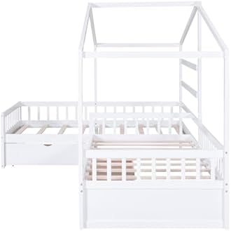 Harper & Bright Designs Twin Size L-Shaped Bed Frame with Roof and Drawers, House Platform Bed with Fence and Slatted for Kids Teens, Space Saving, No Box Spring Needed, White