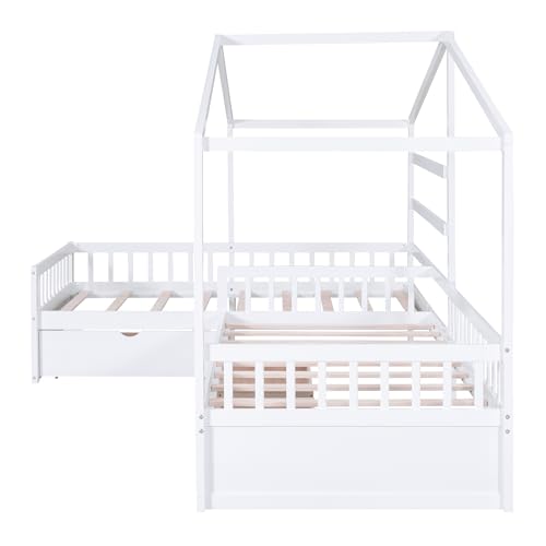 Harper & Bright Designs Twin Size L-Shaped Bed Frame with Roof and Drawers, House Platform Bed with Fence and Slatted for Kids Teens, Space Saving, No Box Spring Needed, White