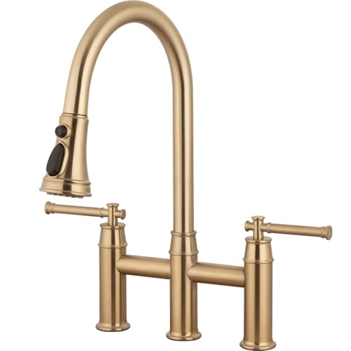 Lava Odoro KF501-BB - Grifo de cocina con puente de bronce cepillado con rociador extraíble, llave de fregadero de cocina de bronce dorado de transición de 3 agujeros y 2 asas, grifo de cocina de