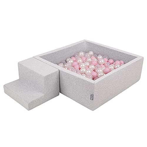 KiddyMoon Aire De Jeux en Mousse avec Carré Piscine À Balles (200 Balles) pour Enfants, Gris Clair: Rose Poudré/Perle/Transparent