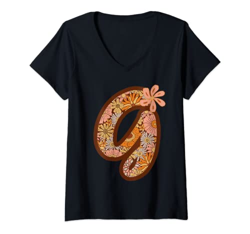 Womens Retro Boho Groovy Floral Letter G Initial Monogrammed Daisy V-Neck T-Shirt