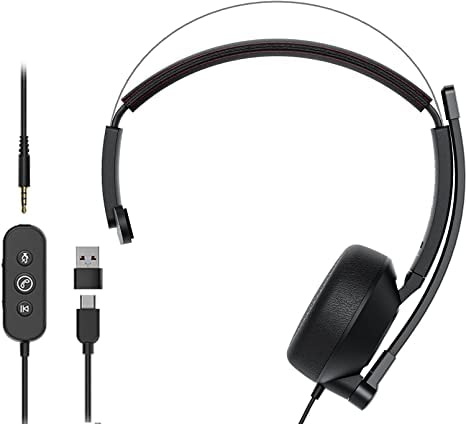 NUROUM HP11 Wired Mono Headset with EMC Mic,AI-Based Noise Cancelling,USB/3.5mm/Type-C for Conference/Gaming/Music/Calling,Mobile Phone/Tablet/Laptop